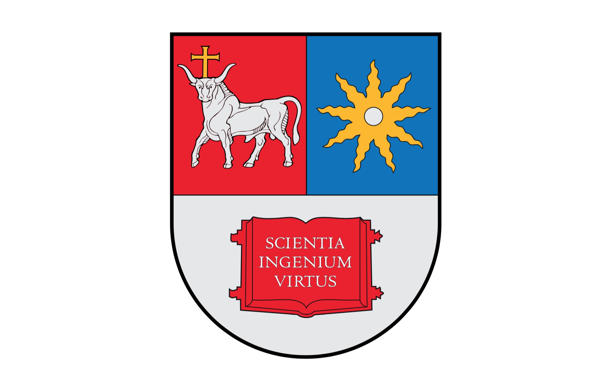 KTU heraldikos elementas. Herbas su simboliais: užrašu "Scientia Ingenium Virtus" raudonoje knygoje, geltona saule mėlyname fone bei tauru raudoname fone.